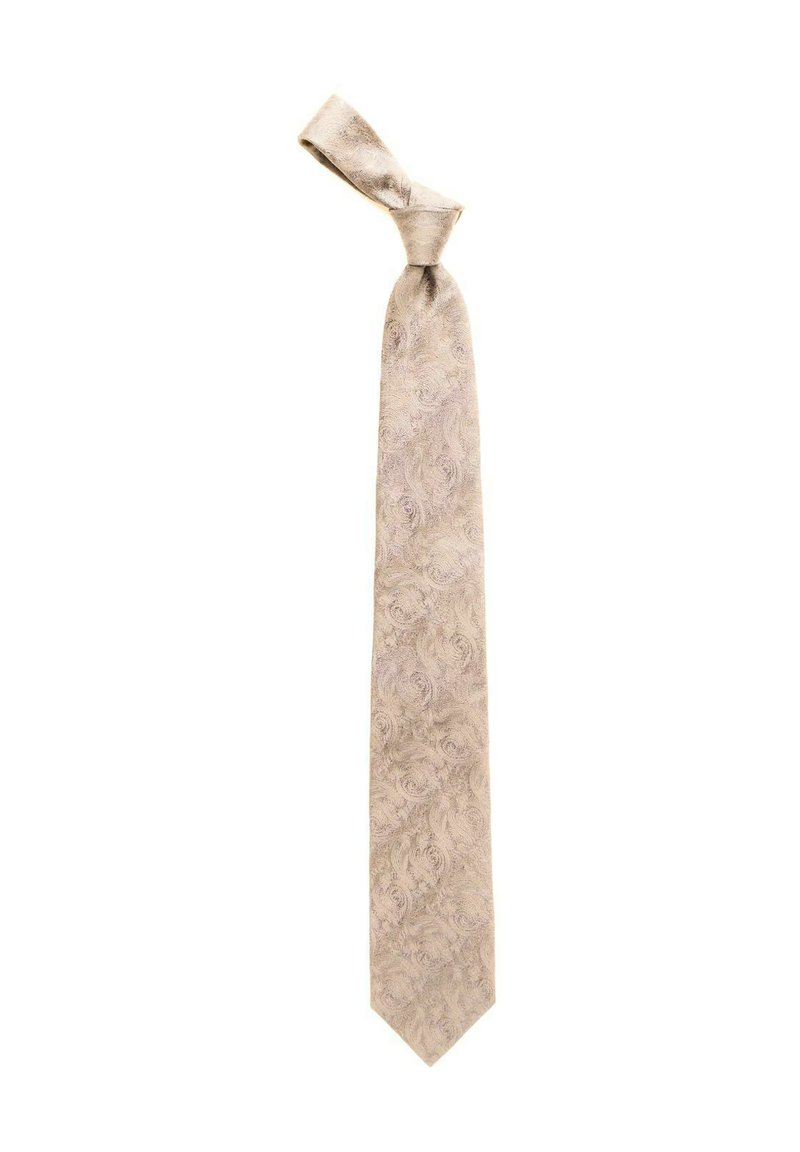 Ljust beige slipsknut med paisleymönster, löst knuten, uppvisad mot en vit bakgrund.
