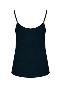 Schwarzes, tailliertes Camisole-Top aus weichem Stoff. Verstellbare Spaghettiträger und ein glattes, nahtloses Design mit rundem Ausschnitt.
