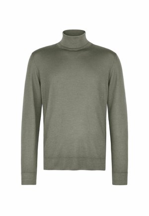 Hellolivgrüner Rollkragenpullover aus weichem Strickmaterial, mit langen Ärmeln und einer figurbetonten Silhouette sowie gerippten Bündchen.