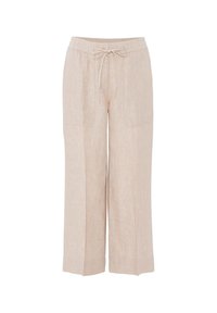 Pantalons larges en lin beige clair avec une taille élastique à cordon de serrage et deux poches latérales. Texture lisse avec une coupe décontractée.