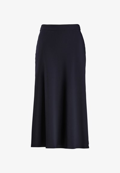 Sininen, polvipituinen hame, joka on valmistettu sileästä kankaasta, ja siinä on hulmuava muotoilu sekä joustava vyötärönauha mukavuutta varten.