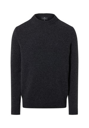 Dunkelgrauer Strickpullover mit Rundhalsausschnitt, langen Ärmeln und gerippten Bündchen sowie Saum. Hergestellt aus weichem Material; glatte Textur.