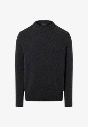 Donkergrijze gebreide trui met een ronde halslijn, lange mouwen en ribboord aan de mouwen en onderkant. Gemaakt van zacht materiaal; gladde textuur.