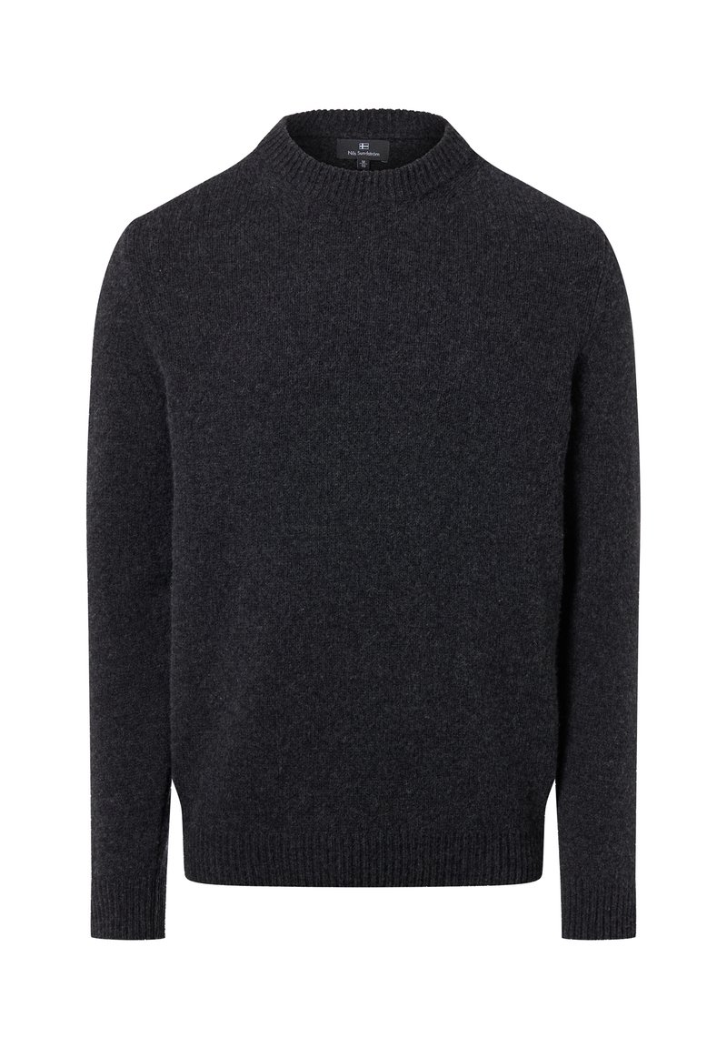 Ciemnoszara dzianinowa bluza z okrągłym dekoltem, długimi rękawami oraz ściągaczami u mankietów i u dołu. Wykonana z miękkiego materiału; gładka w dotyku.