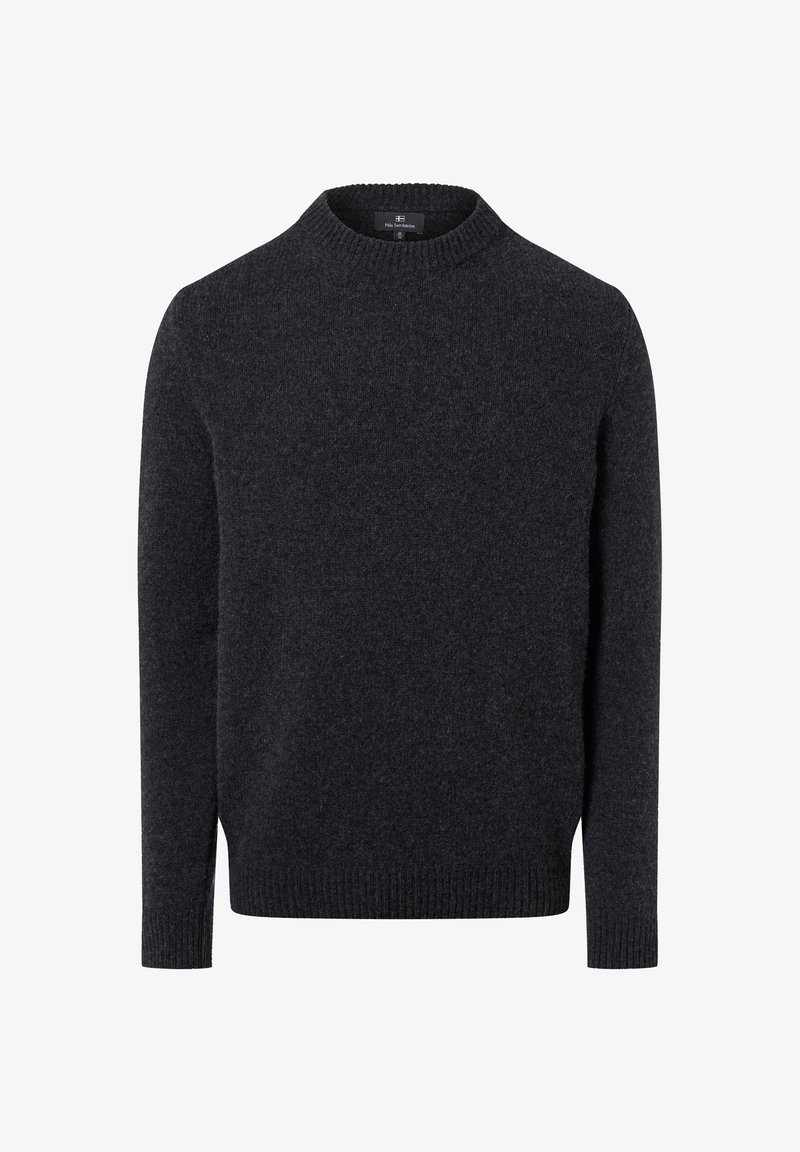 Ciemnoszara dzianinowa bluza z okrągłym dekoltem, długimi rękawami oraz ściągaczami u mankietów i u dołu. Wykonana z miękkiego materiału; gładka w dotyku.