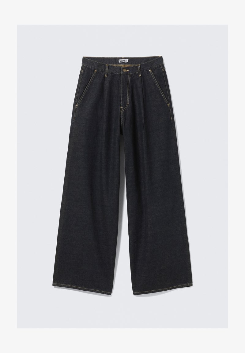 Σκούρο τζιν παντελόνι με φαρδύ πόδι και ψηλή μέση, με πέντε τσέπες, χρυσές ραφές και άνετη εφαρμογή.