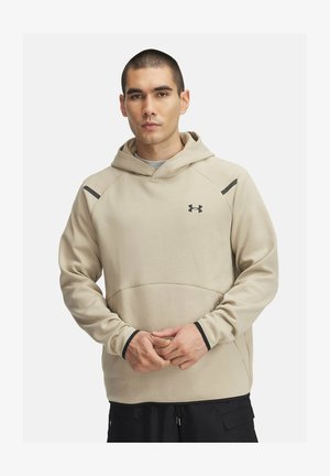 Beige hoodie with a kangaroo pocket, black accents, and a drawstring hood. Features a smooth texture and slim fit design.
