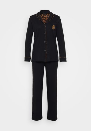 Must panda komplekt leopardimustriga krae ja varrukatega. Valmistatud pehmest kangast, millel on nööbid ja peened kuldsed detailid äärtes.