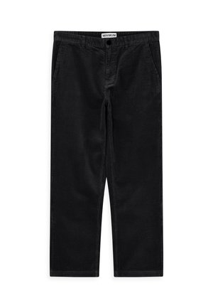 Black corduroy pants with a loose fit, featuring side pockets and a waistband with a button closure. Texture is ridged and soft.