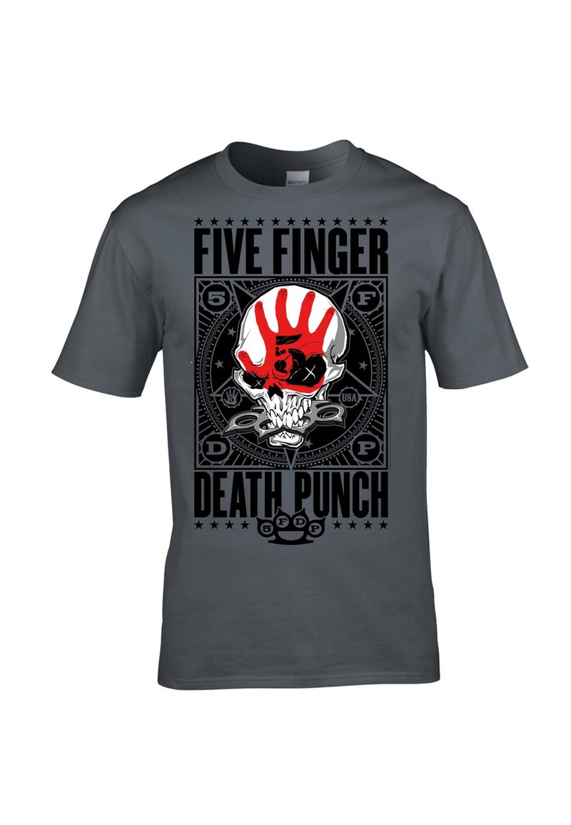Šedé bavlněné tričko s výrazným grafickým designem lebky, na které je červená ruční stopa a text "FIVE FINGER DEATH PUNCH" v černé barvě.