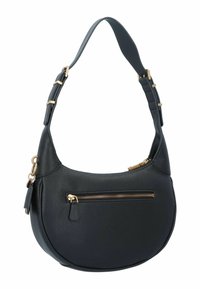 Borsa a spalla in pelle nera dalla forma curva, con dettagli in metallo dorato e una tasca frontale con zip. Tracolla regolabile per un facile trasporto.