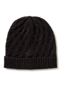 Schwarze Strickmütze mit einem strukturierten Kabelmuster, ausgestattet mit einem umgeschlagenen Rippkragen und dezenten Paillettenakzenten.
