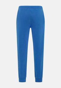 Blauwe joggingbroek met een elastische tailleband en rib gebreide manchetten. Soepele textuur met een logo-detail op het linkerbeen voor extra branding.