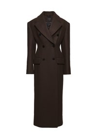 Brącoat w kolorze brązowym, podwójnie zapinany, wykonany z wełny, o długim kroju, z dużymi klapami i dwiema przednimi kieszeniami z czarnymi guzikami.