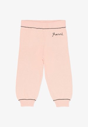 Pantalon tricoté rose avec des accents de couture noirs, une ceinture côtelée et des poignets resserrés. Présente le mot « Marni » brodé à l'avant.