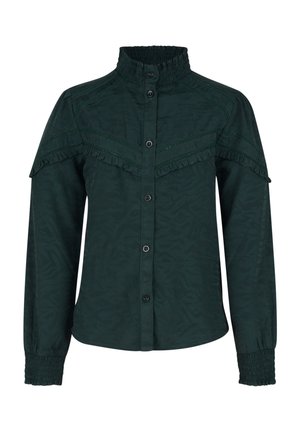 Ciemnozielona koszula na guziki z kołnierzykiem, wykonana z teksturowanej tkaniny, z falbanami na ramionach i marszczonymi mankietami. Charakteryzuje się subtelnym wzorem.