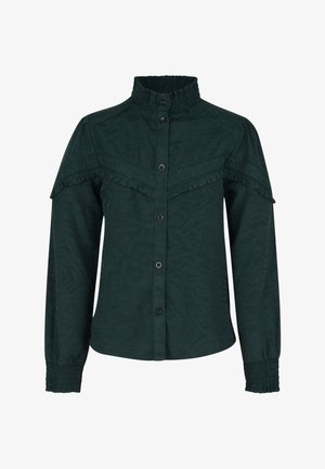 Camicia verde scuro con colletto e bottoni, in tessuto strutturato, dettagli arricciati sulle spalle e polsini plissettati. Presenta un motivo sottile.