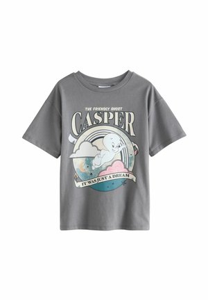 Maglietta in cotone grigia con design grafico di un fantasma amichevole, la scritta “Casper” e nuvole e stelle colorate, con una vestibilità rilassata.