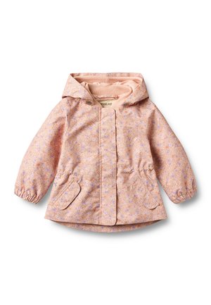 Różowa kurtka dla małego dziecka z kapturem, elastycznymi mankietami, kwiatowym wzorem, przednim zapięciem na klapę oraz dwiema przednimi kieszeniami z patkami.