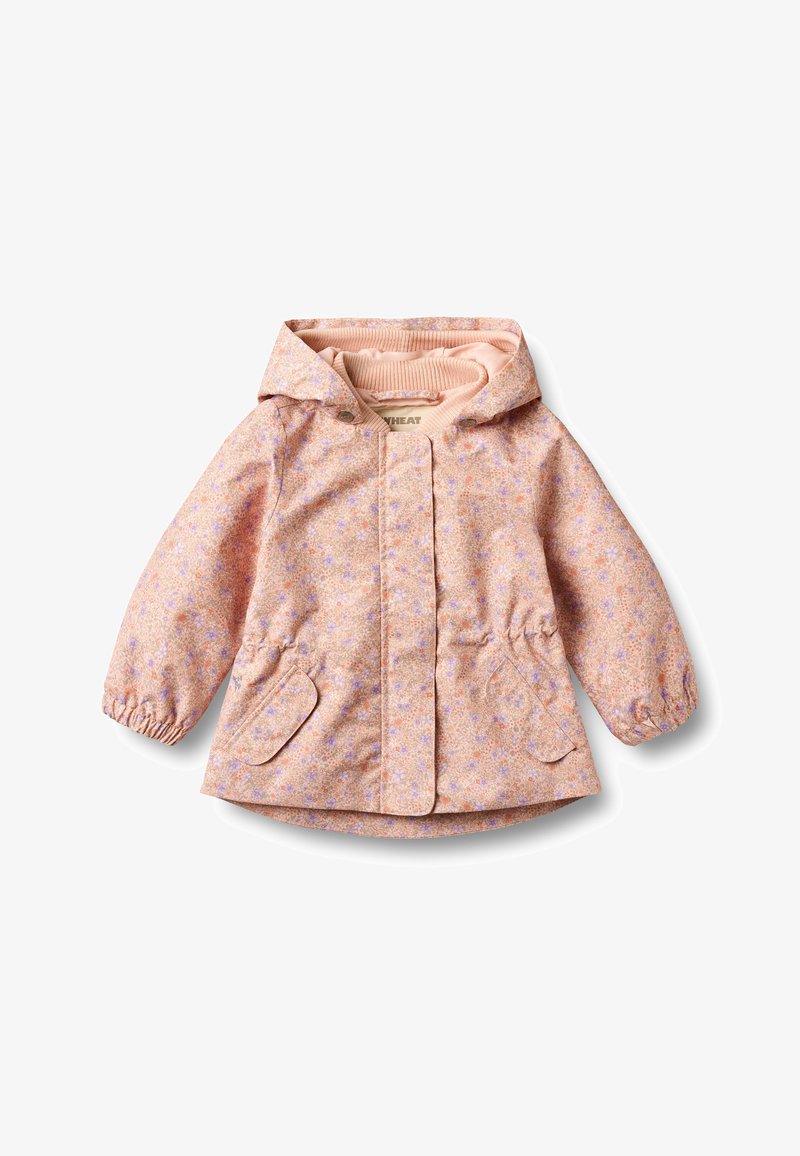 Veste rose pour tout-petit avec capuche, poignets élastiques, motif floral, fermeture à rabat sur le devant et deux poches avant avec rabats.