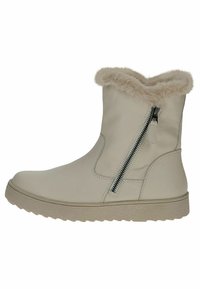 Beige ankle boot made of leather with faux fur cuff, side zipper, and textured rubber sole. Smooth finish with minimal stitching details.