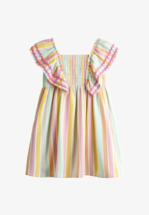 Rochie fără mâneci cu dungi în culori pastel, cu corsaj strâns și bretele cu volănașe și bordură roz în zigzag.