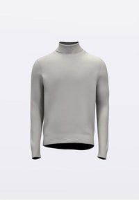 Light gray turtleneck sweater, made of textured fabric, featuring long sleeves, an elastic band at the hem, and a fitted collar.
