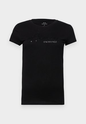 T-shirt nera realizzata in tessuto morbido, con maniche corte e scollo rotondo. Sul davanti è presente il nome del marchio in lettere di strass.