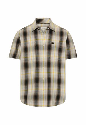 Koszula na krótki rękaw z beżowym, czarnym i żółtym wzorem w kratę oraz dwoma kieszeniami na piersi.