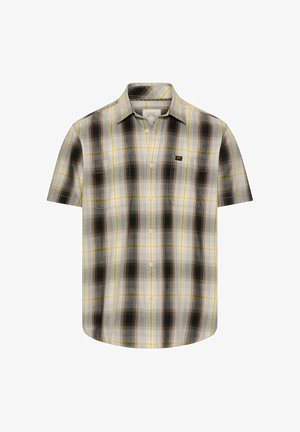 Kortærmet skjorte med knapper foran i beige, sort og gul ternet mønster og to brystlommer.