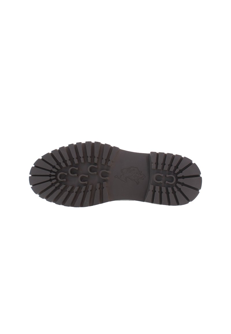 Schwarze Gummisohle mit tiefen Profil, mit einem zentralen Logo und verstärktem Bogen. Strukturierte Oberfläche für zusätzlichen Grip und Haltbarkeit.