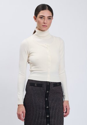 Kvinde iført en hvid rullekrave og cardigan med et sort ternet skørt med knapper foran og dekorative lommer, stående mod en hvid baggrund.