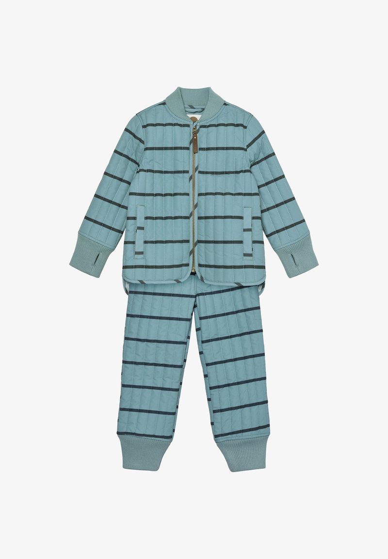 Quilted two-piece set in soft blue, featuring dark striped patterns. Jacket has ribbed cuffs and pockets; pants have matching stripes and cuffs.