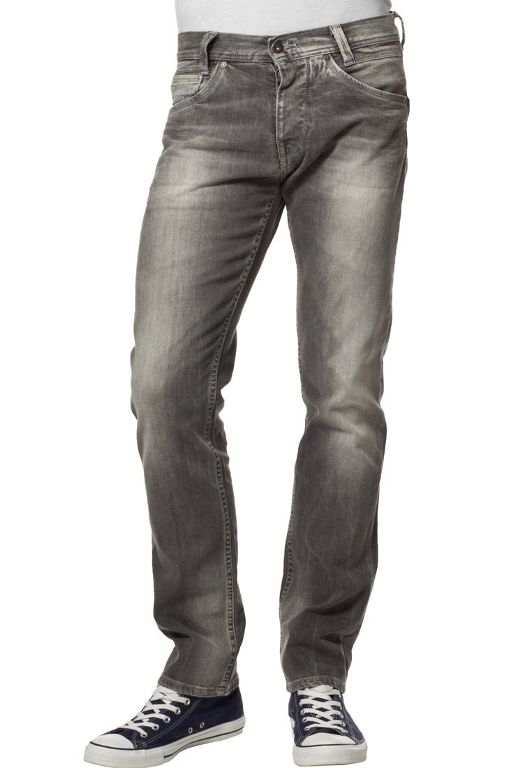 Grå denimjeans med en klassisk rak benform, med kontrasterande sömmar och framfickor. Kombinerad med marinblå högskoor.