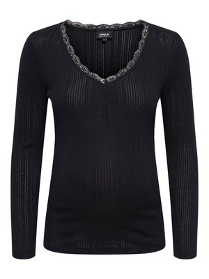 Sort langærmet top med V-hals, med blonderkant og lodret ribstrikket tekstur, designet til en tætsiddende silhuet.