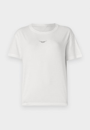 White cotton t-shirt with short sleeves, featuring a small black winged design on the chest and a classic round neckline.