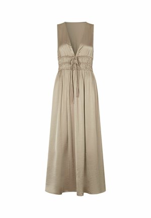 Berankovė smėlio spalvos midi suknelė su gilia V formos iškirpte, surinkta juosmeniu su reguliuojama juostele ir laisvai krentančia A formos suknele.