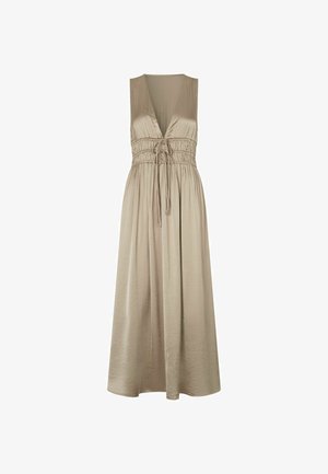 Berankovė smėlio spalvos midi suknelė su gilia V formos iškirpte, surinkta juosmeniu su reguliuojama juostele ir laisvai krentančia A formos suknele.