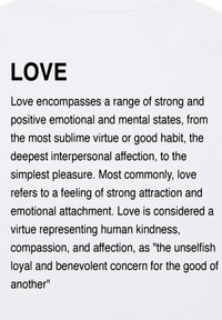 Tekst op een witte achtergrond beschrijft liefde als een scala aan sterke emoties, met de nadruk op deugdzame eigenschappen, medemenselijkheid en emotionele verbondenheid.
