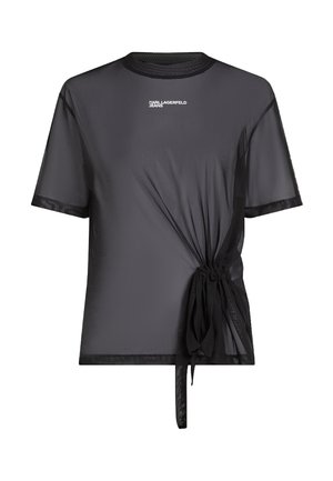 Zwart mesh T-shirt met korte mouwen, bedrukt met het logo "Karl Lagerfeld Jeans" en een geplooide stofdetail die aan de onderkant rechts is vastgebonden in een strik.