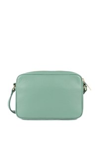 Borsa a tracolla in pelle verde menta con forma rettangolare, texture sottile e dettagli in zip dorati. Include una tracolla regolabile.