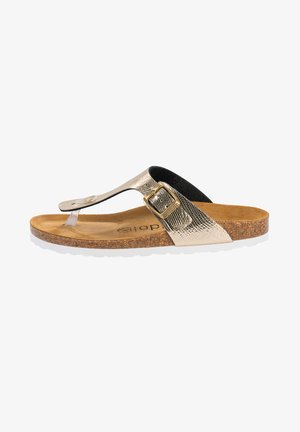 Guldmetallic flip-flop sandal med en korkfodbed, sort strop i stof og en sidebuckle. Tekstureret overdel med en kontrasterende hvid sål.