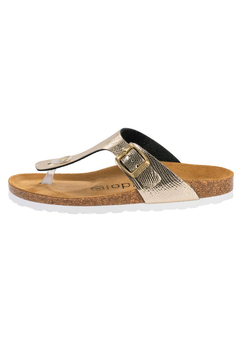 Guldmetallic flip-flop sandal med en korkfodbed, sort strop i stof og en sidebuckle. Tekstureret overdel med en kontrasterende hvid sål.