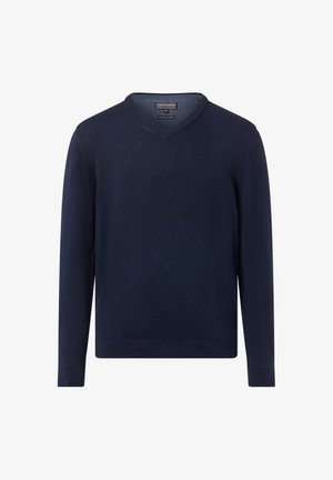 Marineblauer V-Ausschnitt-Pullover aus weichem Strickstoff. Mit langen Ärmeln und gerippten Bündchen sowie Saum für eine taillierte Passform.