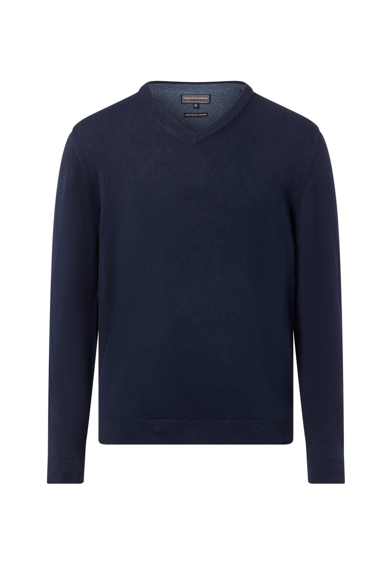 Marineblauwe v-hals trui van zacht breiwerk. Heeft lange mouwen en ribgebreide manchetten en zoom voor een aansluitende look.