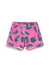 Zwemshorts met een levendige roze achtergrond en illustraties van groene pepers. Elastische tailleband met aantrekkoord; lichtgewicht en gladde textuur.