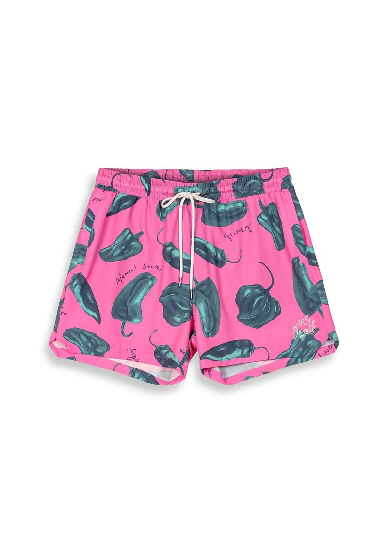 Zwemshorts met een levendige roze achtergrond en illustraties van groene pepers. Elastische tailleband met aantrekkoord; lichtgewicht en gladde textuur.