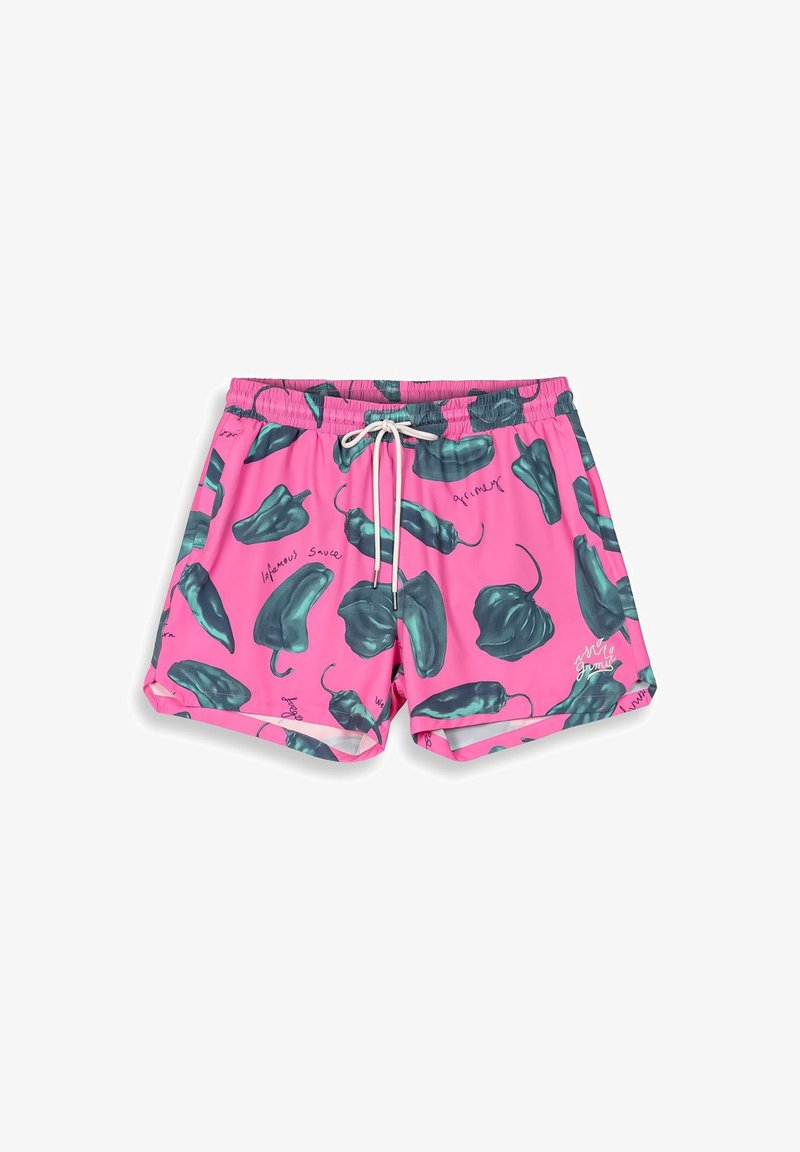 Zwemshorts met een levendige roze achtergrond en illustraties van groene pepers. Elastische tailleband met aantrekkoord; lichtgewicht en gladde textuur.