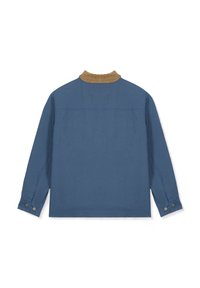 Blaues Langarmhemd mit einem braunen Cordkragen, Druckknopfmanschetten und einer glatten Textur. Einfaches, kastiges Design ohne Muster.