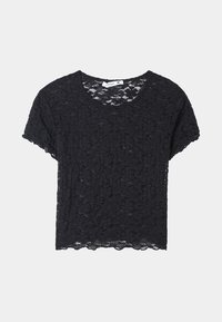 Top in pizzo nero con maniche corte, scollatura rotonda e orlo scallop. Tessuto trasparente e motivo floreale su tutta la superficie. Tag della taglia M visibile.
